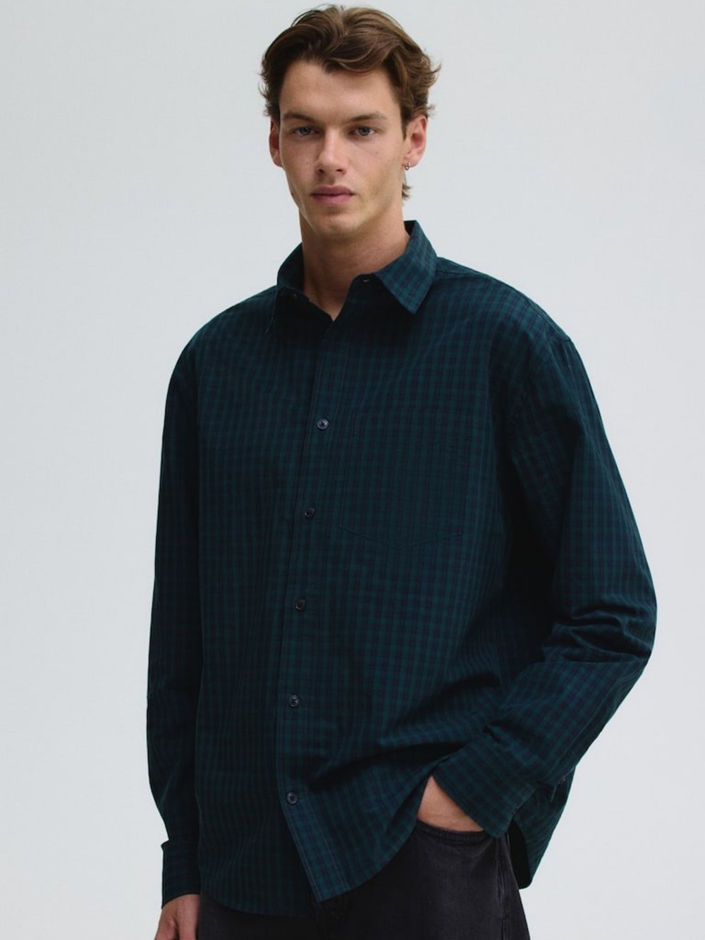 H&M Dark Green Plaid Relaxed Fit Cotton Shirt